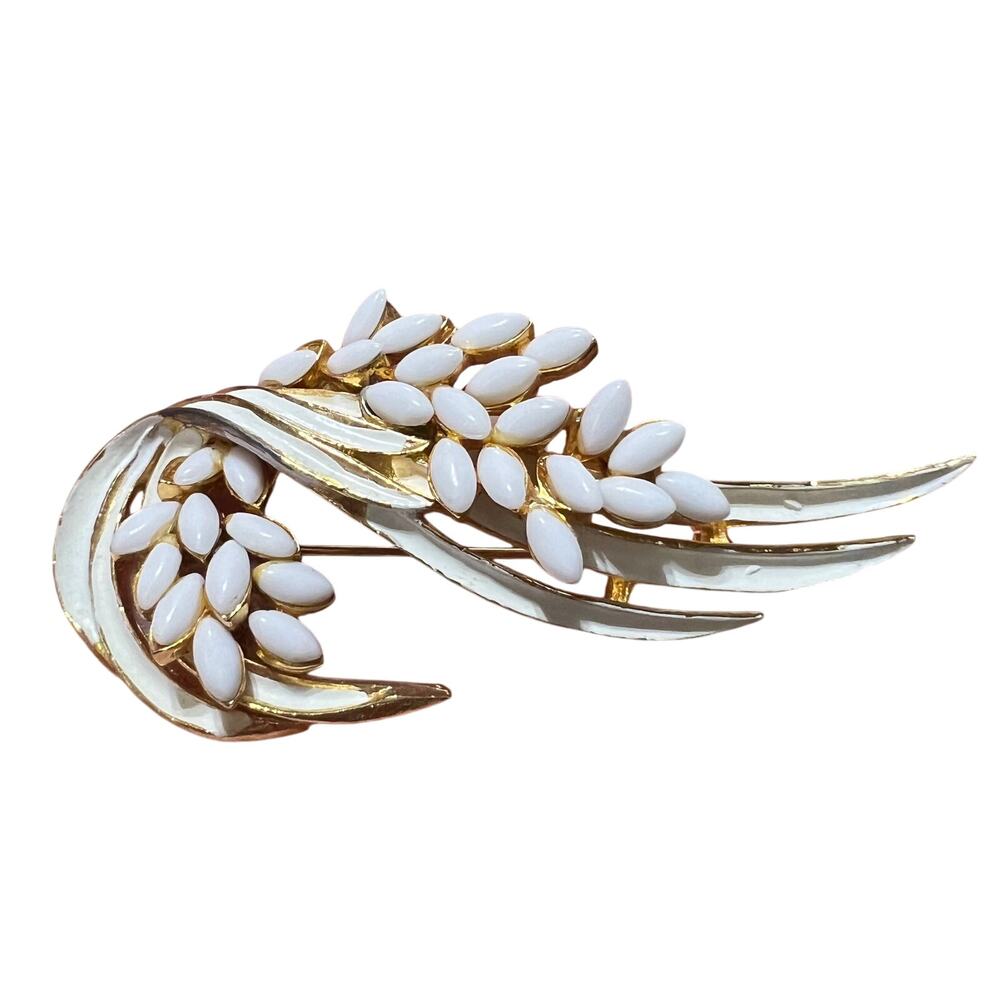 Vintage Art Signed Filigree Gold Tone W White Enamel Leaves Brooch Lapel Pin MCM